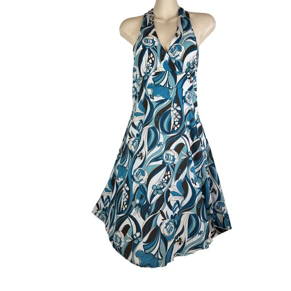 Hourglass Flattering Retro Halter Dress Floral & Swirl Boho Comfort Lined S Y2K - Picture 1 of 11